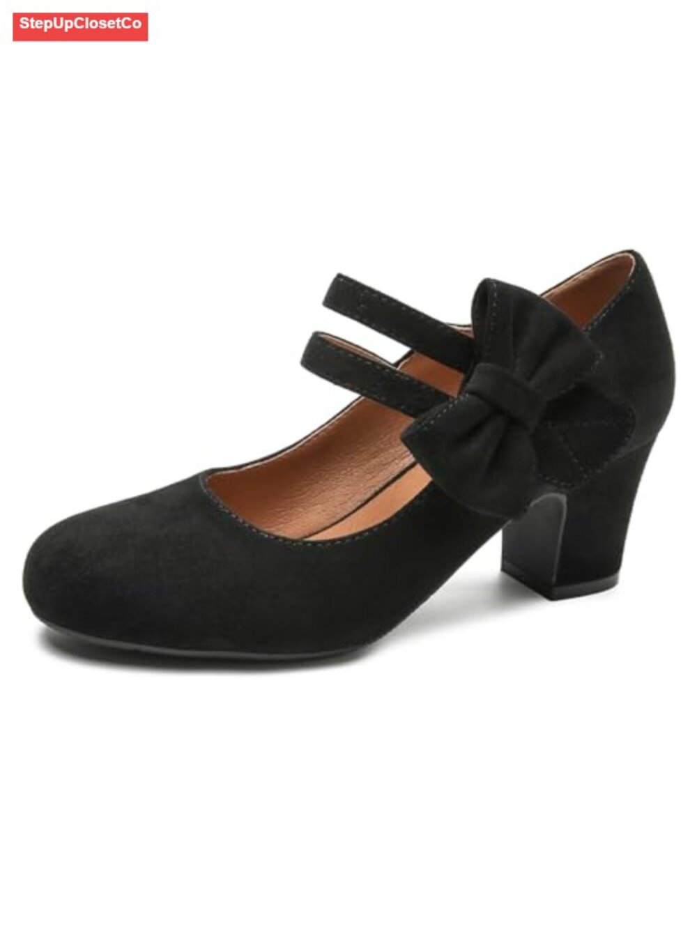 Mary Jane Heels Bow Ankle Strap Low Block Pumps Retro Round Toe Dress Shoes